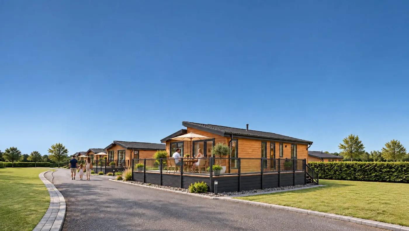Timber holiday lodges with decked terraces along a landscaped lane